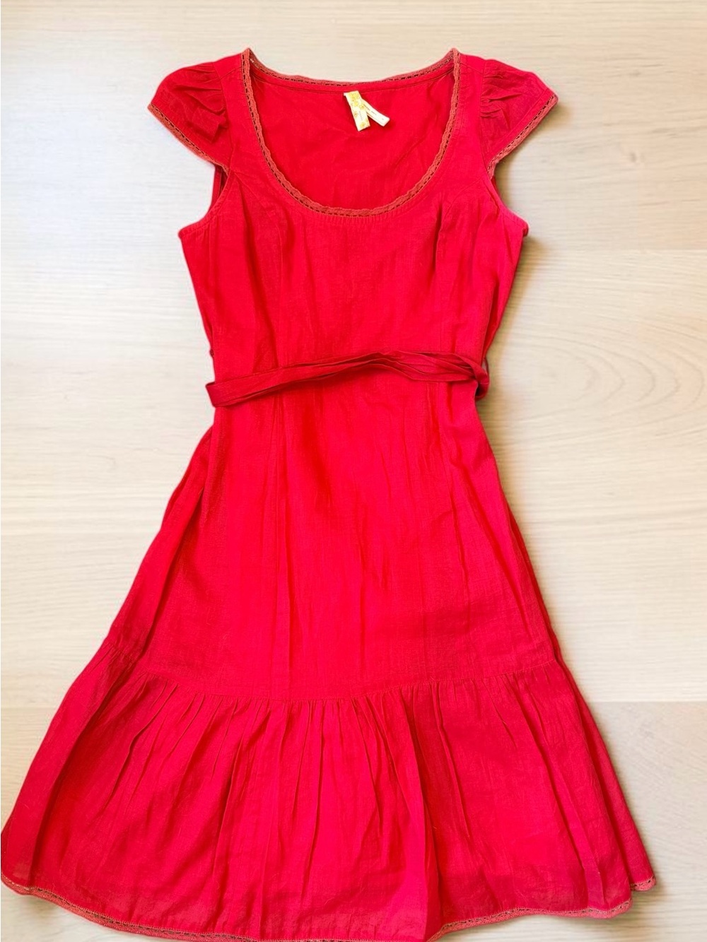 Maeve Anthropologie Red Linen Cap-Sleeve Scoop Neck Dress Sz 4 EUC Y2K